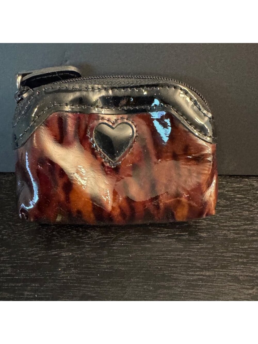 Brighton Animal Print Patent Leather Coin Purse With Heart Detail Black Trim & Z